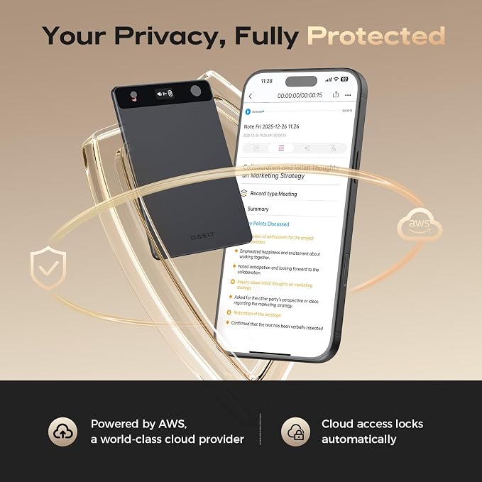 Dasit Note Pro AI Voice Recorder, Transcribe & Summarize with AI, App Control, Note Taker for Meetings & Calls, Supports 112 Languages, Ultra-Slim w/OLED Display, Case Included, Grey
