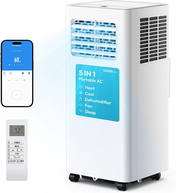 EUHOMY Portable Air Conditioners 12,000 BTU, 5-in-1 Portable AC Unit Up to 550 Sq.Ft. for Bedroom with Cool, Heat, Fan, Dehumidifier, Sleep, AC Units with LED Remote & 24H Timer, Installation Kits