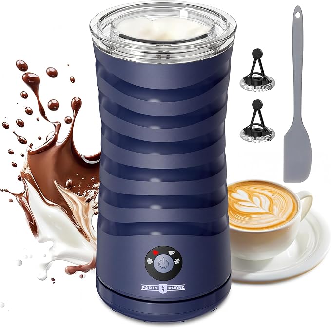 Milk Frother, Paris Rhône 4-in-1 Milk Steamer and Frother, Hot & Cold Foam Milk Warmer with Temperature Control, Auto Shut-Off Frothers for Coffee, Latte, Cappuccino, Macchiato, Blue