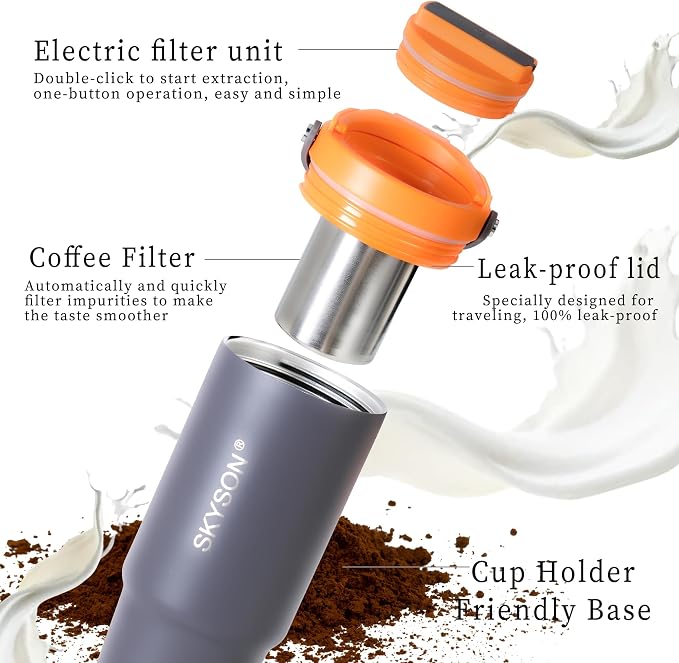 minkah Fast Extraction Mini Electric Coffee Maker - Portable Filter Coffee Brewer for Travel,Insulated Stainless Steel Tumbler,30 oz Reusable Iced Coffee Cup Machine,Hot Coffee Mug with Lid (Orange)