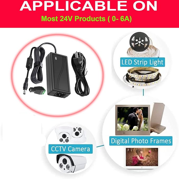Power Supply, 24V Power Transformers, AC 100-240V to DC 24V 6A Power Supply LED Adapter, 144 Watt Max, for LED Strip Neon Rope String Lights, Computer Project, Recorder, TV Screen