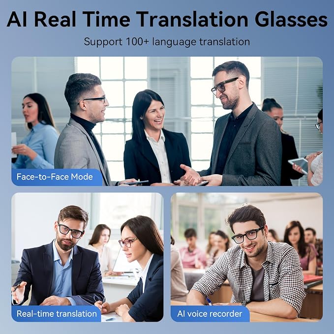 Smart Glasses with Camera, 1080P Video Recording Glasses for Life | 165 Languages Real Time Translation, AI Voice Assistant, Open-Ear Audio,Sunglasses with Color-Changing Clear&Green Lenses