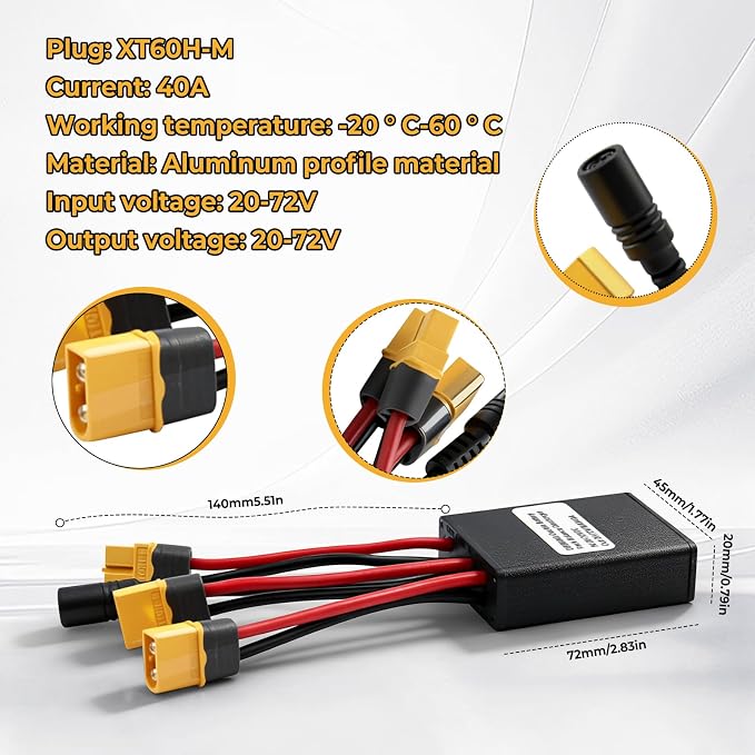 Electric Bike Dual Battery Discharge Converter, 20V-72V Dual Battery Parallel Module Adapter for Batteries and Controllers (40A), Includes Charging Cable