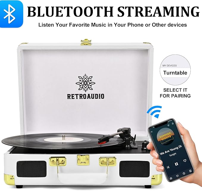 Vinyl Record Player 3-Speed Bluetooth Portable Suitcase Belt-Driven Record Player with 2 Built-in Stereo Speakers Vinyl Vintage Turntable Phonograph Records Player with RCA Line Out, AUX Out (White)