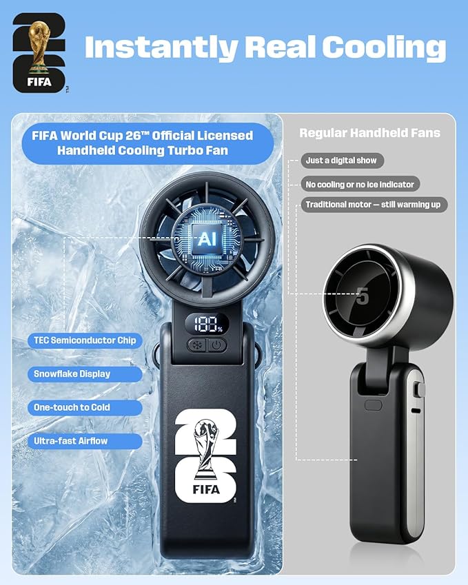FIFA World Cup 2026 Portable Cooling Fan, 1-199 Gear Turbo Fan | 13500 RPM Strong Wind, 3600mAh Rechargeable, 150° Tilt, Official Licensed Gift for Fanatic, Summer, Beach (White)
