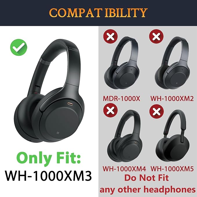SOULWIT Replacement Kit for Sony WH-1000XM3 Headphones, Replacement Ear Pads Cushions + Headband Repair Part - Black