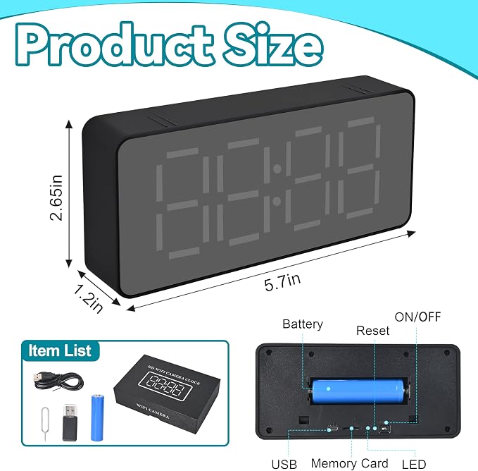 1080P HD WiFi Clock Hidden Camera, Indoor Security Camera with Night Vision, 24-Hour Digital Display, App Remote Viewing, SD Card Storage, No Audio Recording
