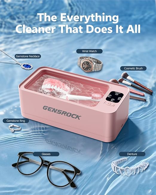 GENSROCK Ultrasonic Jewelry Cleaner, 48kHz Professional Silver Jewelry Cleaner & Diamond Ring Cleaner, 3 Modes, Scratch-Free 360ML Tank, Quiet Sonic Cleaner for Gold, Earrings, Glasses(Pink)