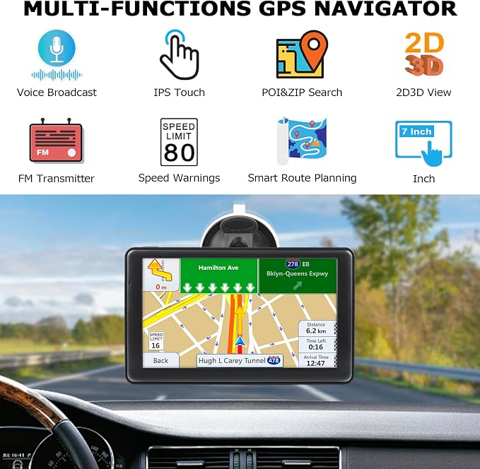 GPS Navigator for Truck Car, Truck GPS Commercial Drivers, 7'' Semi Trucker Navigation Systems with Latest 2026 Maps Free Lifetime Updates, Voice Assist, Speed Limit Warnings, Custom Routing