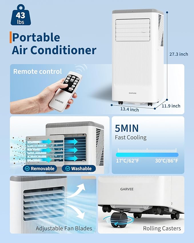 Garvee 8000BTUs Portable Air Conditioner with Remote Control,350 Sq.Ft Max. 48dB Portable AC Unit, Dehumidifier, Fan, Sleep, 24H Timer&Installation Kit, DOE Certified, Ceer 6.2,White+Grey