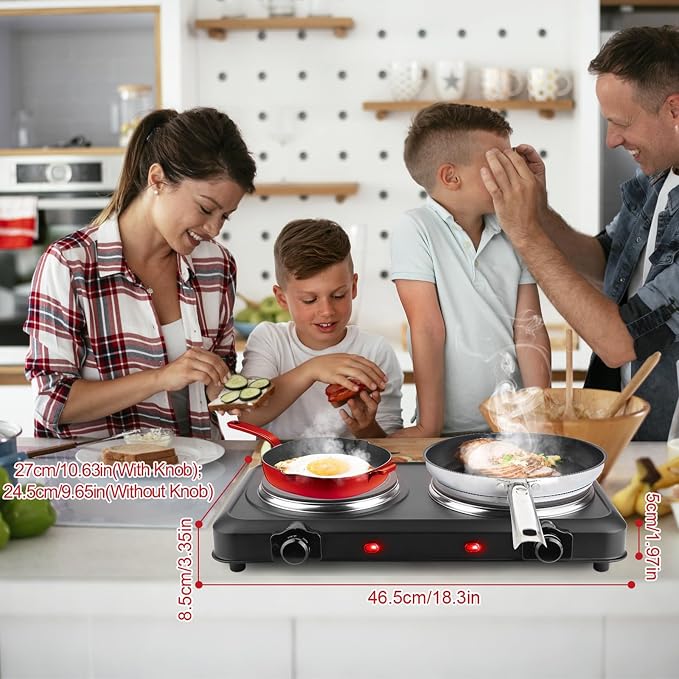 1800W Infrared Dual Burner Portable Electric Hot Plate | 7.5” & 6.3” Glass Cooktops with Stepless Temperature Control (302℉ to 1022℉) | Compact Heating Solution for Home, RV, Camping, and Dorms
