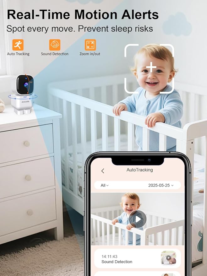 Smart Baby Monitor with 2 Cameras and Phone App, 5" HD Display Multi-Room Video Baby Monitor, Dual Mode (WiFi & Hack-Proof FHSS), Auto Motion Tracking, Cry Temp Alert, White Noise, 36H Battery