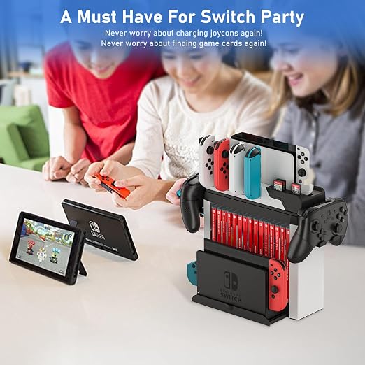 Switch Game Storage with Controller Charger for Nintendo Switch & OLED Model, MLIFEMFUL Switch Charging Dock Charges 6 Joycons, Switch Gaming Accessories Holder Desk, Switch Game Gift Card Organizer