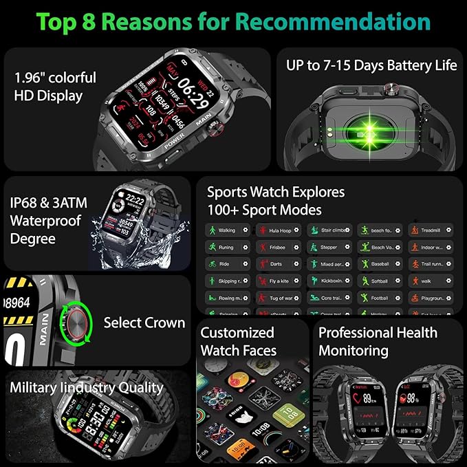 Military Smart Watch for Men with Call Function,Fitness Smartwatch for Android Phones and iPhone,Waterproof Fitness Tracker with Blood Oxygen/Heart Rate/Sleep/100+ Sport Modes, Watches for Men