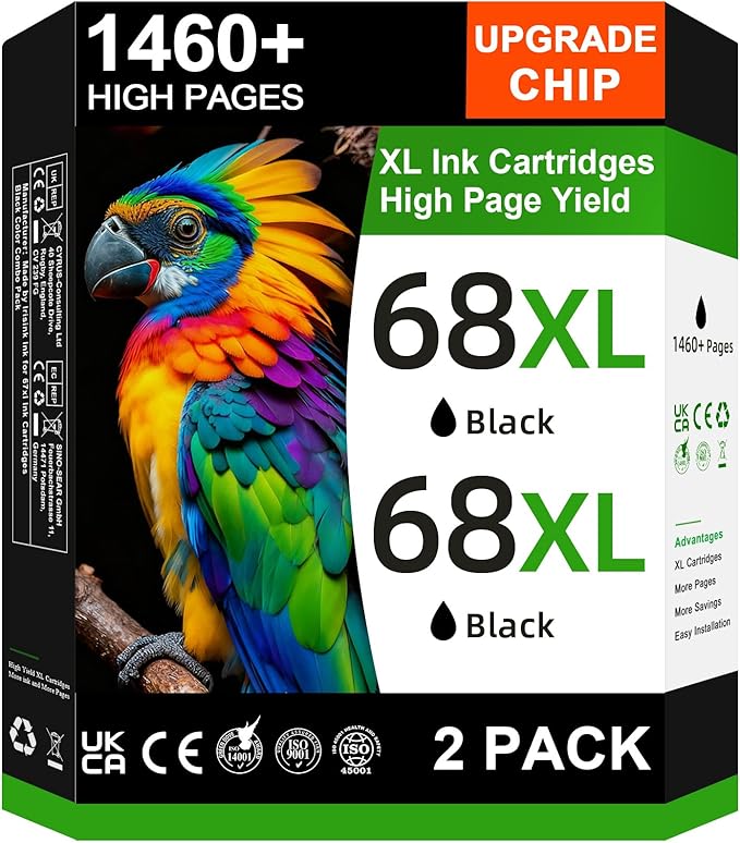 68XL Black Ink Cartridge High Yield Compatible for HP 68 Black Ink Cartridge for HP 68 Ink Cartridges Compatible for 6155e 6555e 6100e 6165e 6500e 6152e 6552e 6558e Printer (2 Black, 2 Pack)