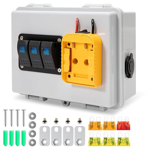 Power Distribution Box with Battery Adapter Fit for De.Walt 20V Battery, for RV Truck Trailer/Warehouse/Shed, with Pre-Installed Lines/Dual USB Charger/Low Voltage Protection, Battery Not Included