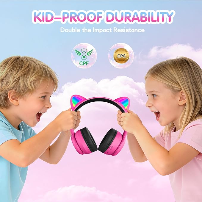 IFECCO Kids Wireless Headphones with Case - Cute LED Light Up Cat Ear,50H Playtime,Safe Volume Limited,Bluetooth 6.0 Kids Girls Headphones for School iPad Tablet Gifts