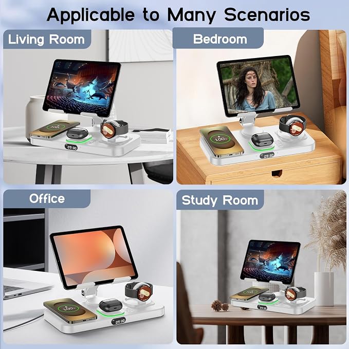 30W Tablet Wireless Charger for Samsung, Foldable Android Charging Station with Clock Display with 7-Color Light, Wireless Watch Charger for S25, Only Compatible Samsung Watch, Galaxy Buds3 Pro(White)