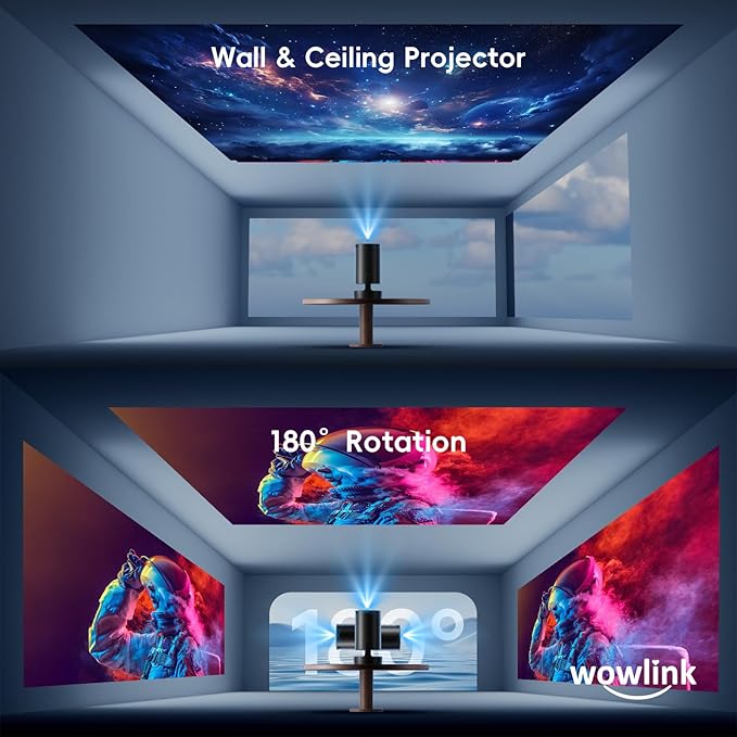 [Built-in Apps & 2026 Upgraded] Mini Projector with WiFi 6 and Bluetooth 5.4 Support 4K 1080P Auto Keystone 180° Rotatable Projector Portable Compatibile with HDMI/TV Stick/Memory Stick/Laptop, Dark