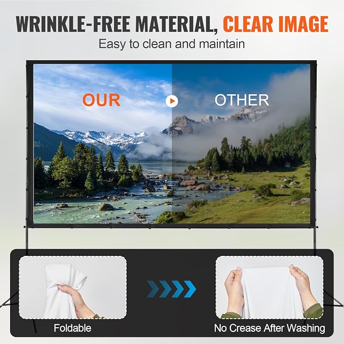 VEVOR Projector Screen with Stand, 120 inch 16:9 4K 1080 HD Outdoor Movie Screen with Stand, Wrinkle-Free Projection Screen with Tripods and Carry Bag, for Home Theater Cinema Backyard Movie Night