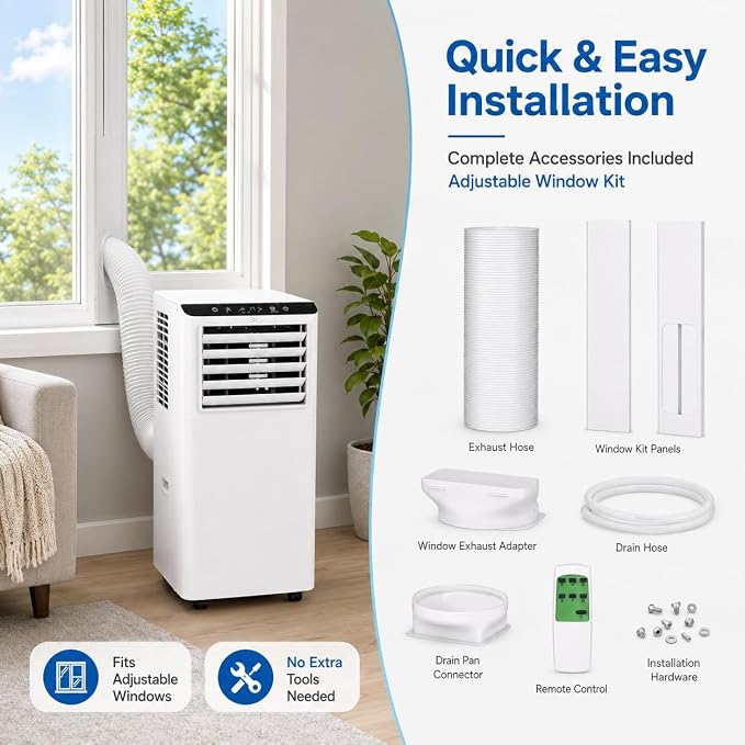 8000 BTU Portable Air Conditioners Cools Up to 350 Sq.Ft, 3 in 1 Portable AC with Remote, 24H Timer, Sleep Mode, Window Kit