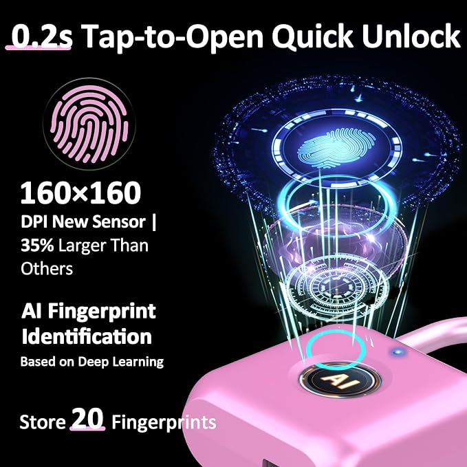 Pothunder Fingerprint Padlock, Smart Padlock, Locker Lock, Combination Lock, Fingerprint Lock with APP Unlock, USB Rechargeable, Suitable for Gym Locker, Door, Locker(Pink)