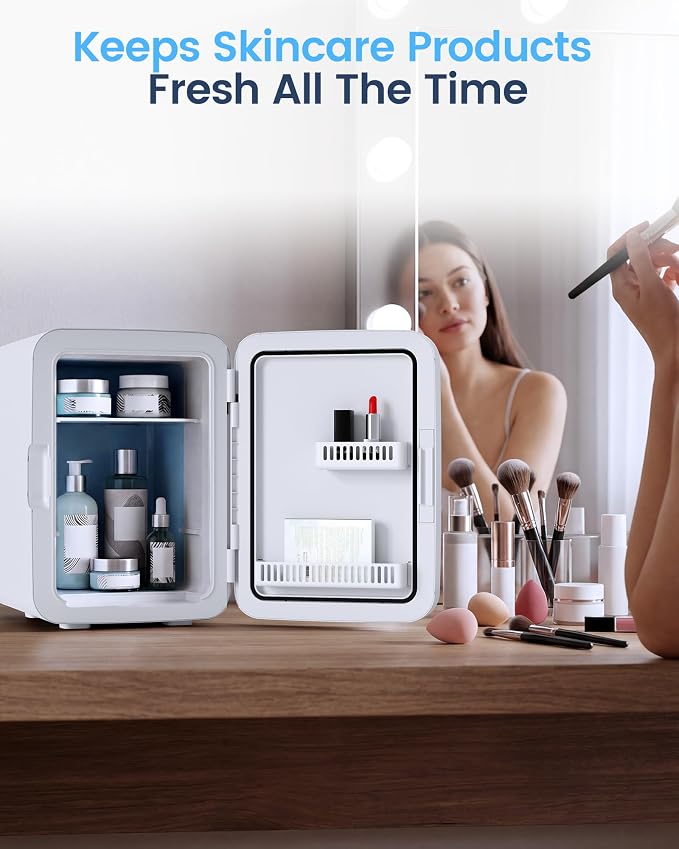 Electactic 10L Mini Fridge, Portable Compact Refrigerator, 2.6 Gal Skincare Cooler with AC/DC Adapter, Quiet Small Personal Fridge for Beverage, Food, Makeup, Bedroom, Office, White