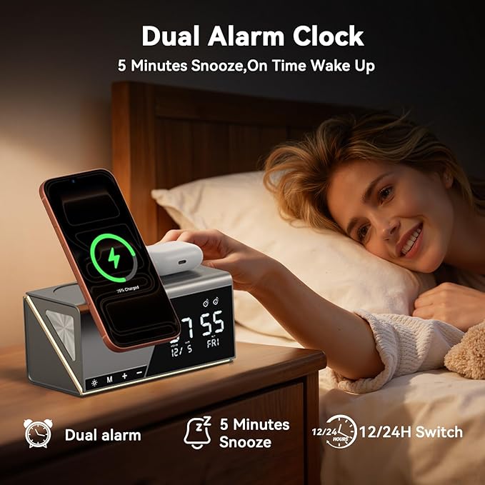 4URPC 6-in-1 Alarm Clock Wireless Charging Station for Apple Devices,MagSafe Charging Dock for iPhone 17/16/15/14/13 Series, Apple Watch, AirPods,Wireless Charger with Night Light/Alarm Clock