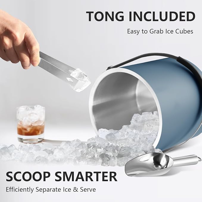 Bakpoco 3L Ice Bucket with Silicone Lid, Scoop, Tongs & Strainer, Stainless Steel Double Wall Insulated Ice Buckets for Parties & Cocktail Bar, Outdoor Champagne Ice Container Bin, Navy