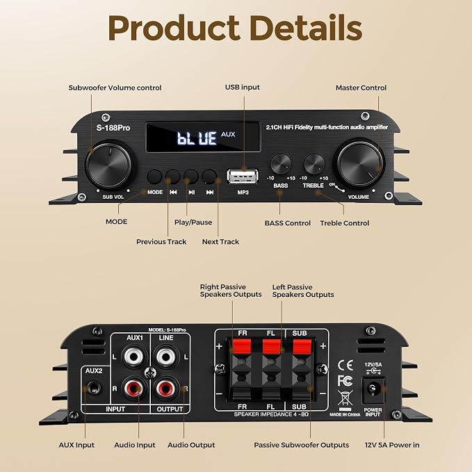 Romicta 2.1 Channel Stereo Audio Amplifier, 300Wx2+360W Home Audio Stereo Receiver Bluetooth 5.0 with USB/AUX, Remote, Bass Treble & Sub Control, for Active/Passive Subwoofer & Speaker