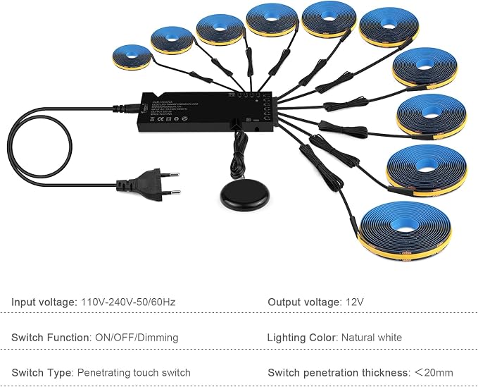 10PCs LED Recessed Lighting Kit,12V 3.3Ft Self-Adhesive Black COB LED Strip Lights with 100W Adapter,4000k Touch Dimmable Cabinet Light for Wood Slat Wall Panels, Headboards, Shelf, Home Decor