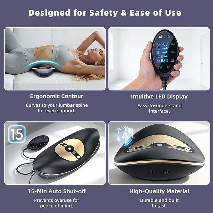 Zenopax 4-in-1 Electric Lumbar Traction Device - Adjustable Back Massager for Deep Tissue Pain Relief with Heat, Vibration, Electrotherapy, Home Lumbar Decompression ＆ Sciatica Relief(Golden)