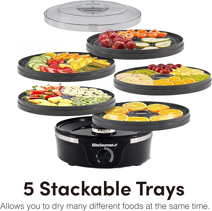 Elite Gourmet EFD319BNG Food Dehydrator, 5 BPA-Free 11.4" Trays Adjustable Temperature Controls, Jerky, Herbs, Fruit, Veggies, Dried Snacks, Black and Grey, 5 Trays