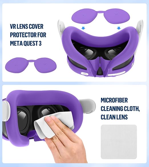 Silicone Cover Set Compatible with Meta/Oculus Quest 3 Accessories, Controller Grips, VR Shell Cover, Facial Interface Cover, Protective Lens Cover, Tempered Glass Lens Caps, Not Fit Quest 3S