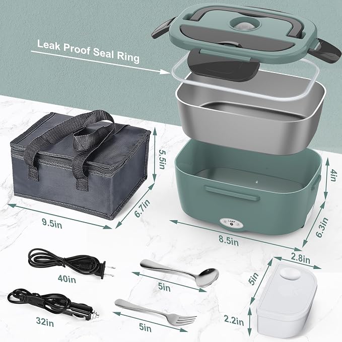 WisaKey Green Electric Lunch Box Food Heater 80W Heated LunchBox for Adults, 12V 24V 110V 220V Lunch Warmer Portable for Work Car Truck Jobsite Work with 304 Stainless Steel Container Christmas Gift