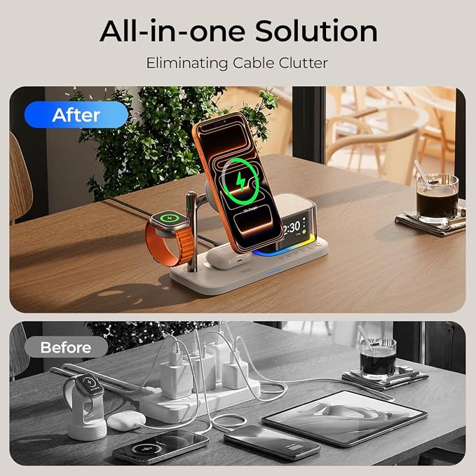 5in1 Charging Station for Apple Device【 25W Fast Charging+Instant Cooling 】QI2.2 Magnetic Wireless Charger with Speaker and Alarm,Built-in Fan&LED Light Compatible with MagSafe for iPhone/Watch/AirPod