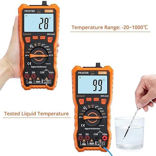 Proster Digital Multimeter - TRMS Voltmeter Multimetro Auto Range Multi Testers, 20A DC AC Current Meter NCV Detector Magnetic Hanging Hands-Free Design with Temperature Probe Backlit LCD Flashlight