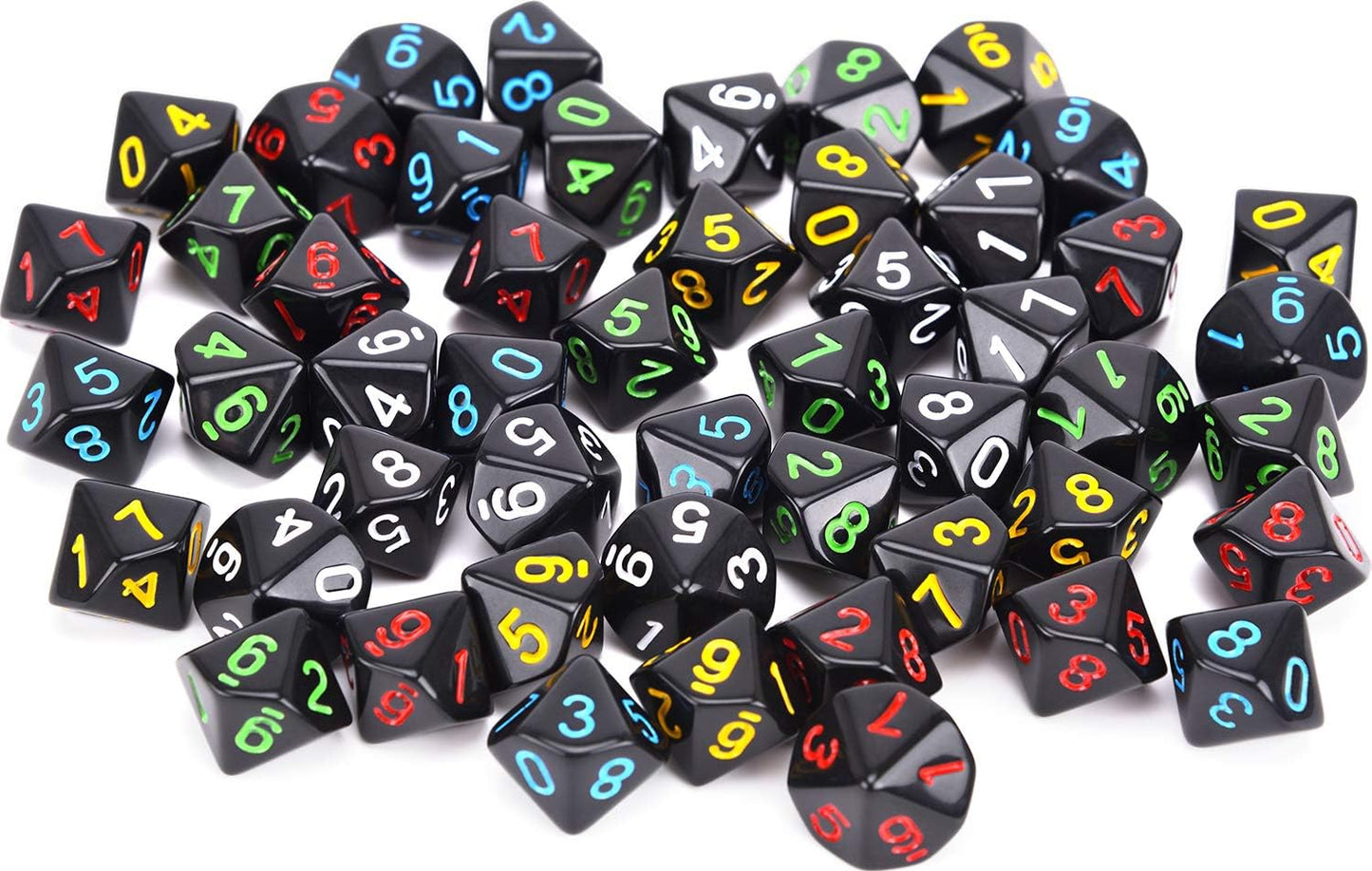 50pcs Assorted D10 Opaque Black with Black Dice Bag 10 Sides Dice for Tabletop RPG World of Darkness Vampire (0-9)