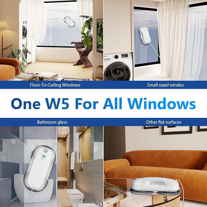 Tosima W5 Window Cleaning Robot, 6400Pa Max Adaptive Suction, Auto-Spray Smart Window Cleaner with Triple Safety System, Intelligent Navigation, Remote Control, for All Smooth Surfaces, White