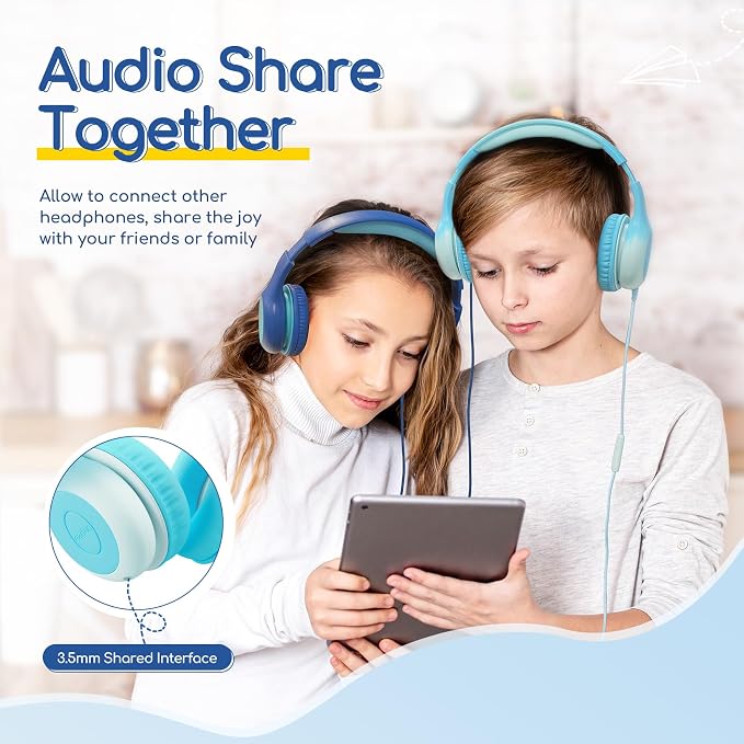 EarFun K1 Kids Headphones Wired with Microphone, 85/94dB Volume Limit Headphones for Kids, Portable Wired Headphone with Shareport, Stereo Sound Foldable Headset for School/Tablet/iPad, Sky Blue