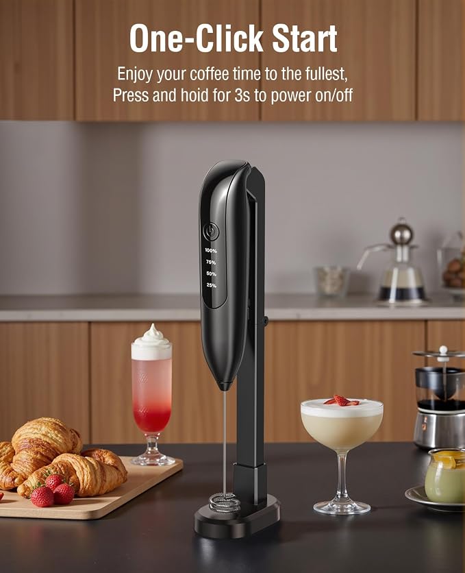 Dynooper Electric Milk Frother Handheld: coffee frother rechargeable 3 in 1 - LED Display, Wireless Charging - 3 Speeds, Stainless Steel Whisk for Latte, Cappuccino - Bright Grey