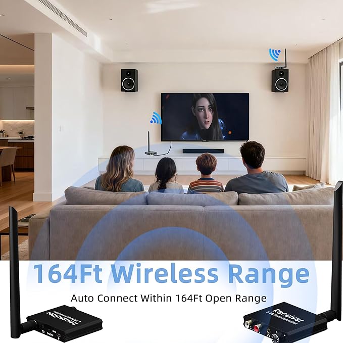 5.8GHz Wireless RCA Audio Transmitter Receiver for TV Pojector,164Ft,9ms Latency, Volume Contral Knob, Used for TV Pojector to Activer Speaker Soundbar AMP