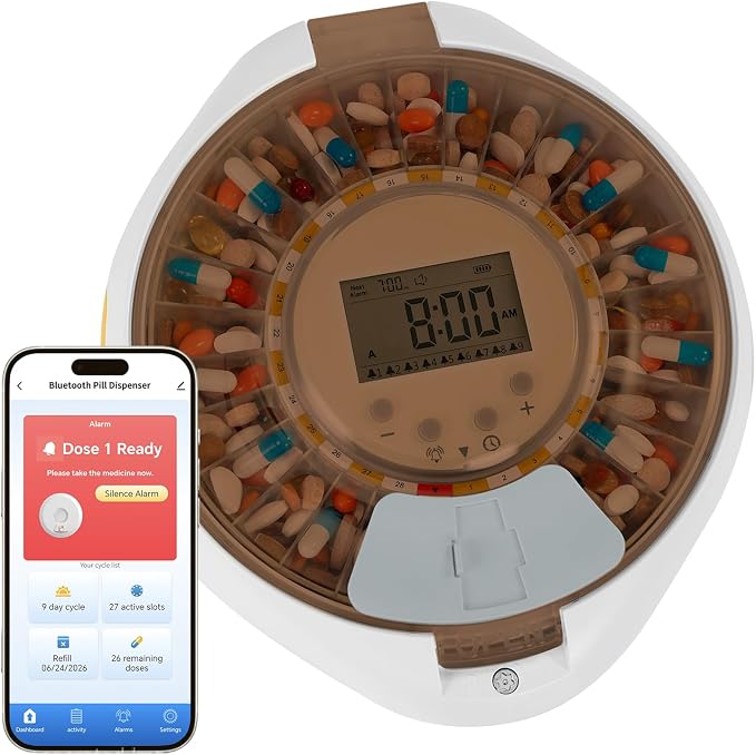 Smart Pill Organizer, 28-Day Bluetooth Automatic Pill Dispenser with APP Control for Seniors, Caregivers Care - Tracks Adherence History, Up to 9 Daily Doses, Sound Light Reminders