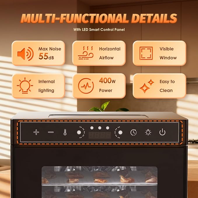 Food Dehydrator Machine 6 Stainless Steel Trays with 194°F Max Digital Contral, 400W Electric Food Dryer with Dual-View Windows Design, Fruit& Meat Dehydrator for Jerky Vegetables Dog Treats