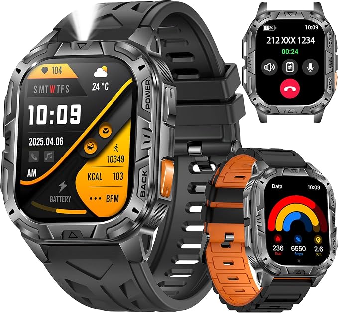 MIDDOW Military Smart Watch for Men (Answer/Make Calls), 2.01" Fitness Tracker with Flashlight/60 Days Battery/Heart Rate/Sleep Monitor/IP68 Waterproof/100+ Sports Modes for Android iOS (2 Bands)