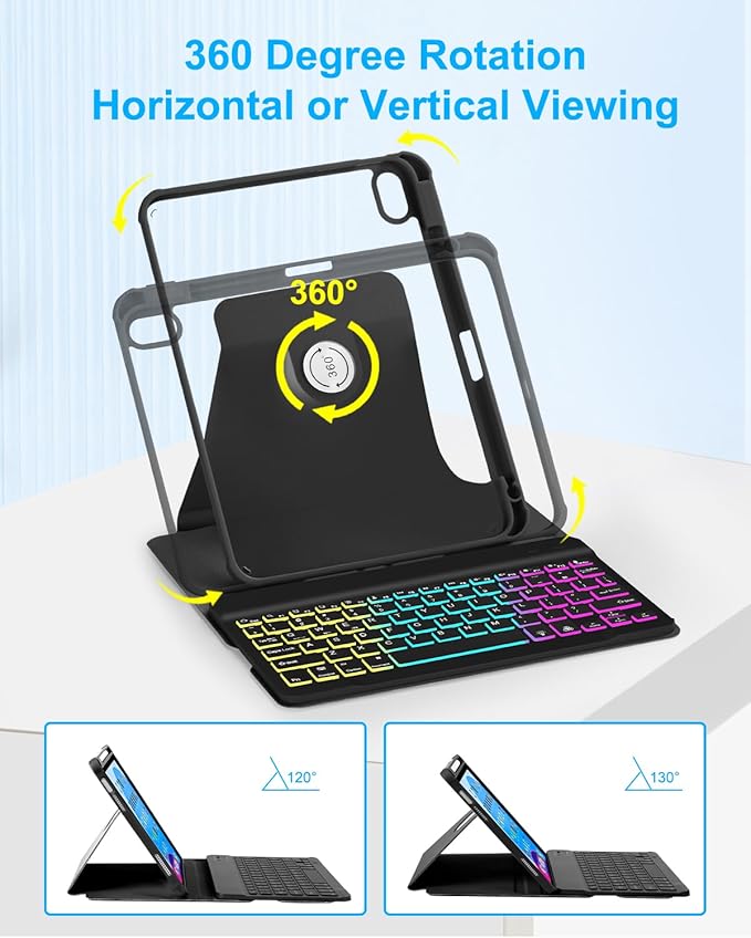 EAMPANG Case with Keyboard for iPad A16 11th 10th Generation 11/10.9 inch,Rainbow Backlit Detachable Keypad Rotatable Magnetic Cover with Pencil Holder for iPad 11 2025 10 Gen 2022 Black
