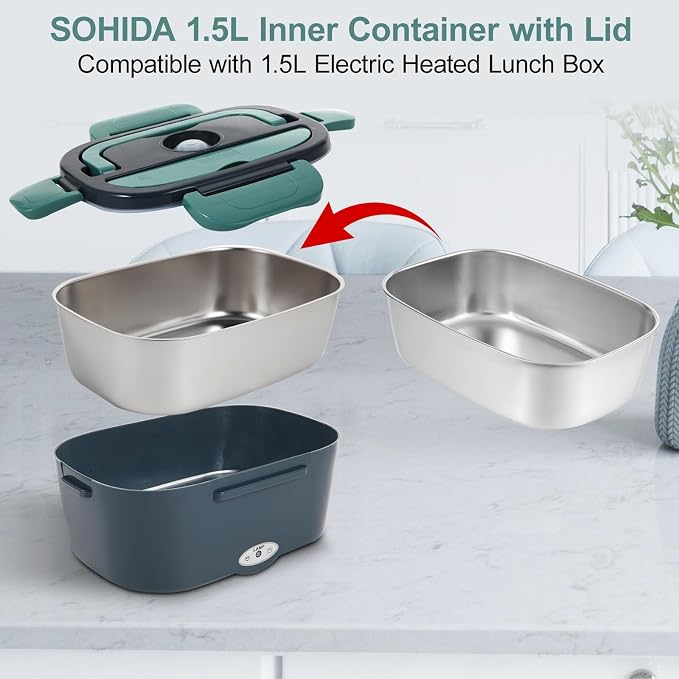SOHIDA 1.5L Stainless Steel Inner Container with Lid – Single Compartment, Removable, Dishwasher Safe, Compatible with 1.5L Electric Heated Lunch Box, Easy to Clean