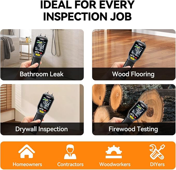 NDI ND316PRO Dual-Mode Moisture Meter – Pin & Pinless Non-Destructive, Wood & Building Materials, Temperature & Humidity Display, Data Log, Backlit LCD