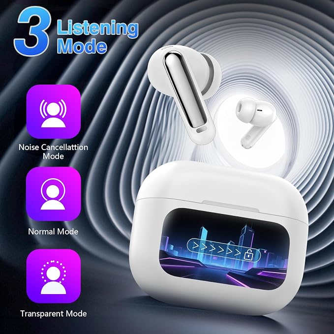 Thunelec Wireless Earbuds with Touch Screen, 2026 New Bluetooth 5.4 Headphones with ANC/ENC Mic, 50H HiFi Stereo Ear Buds with 5 EQ Modes, Transparency Mode, IPX7 Earphones for Running/Fitness, White