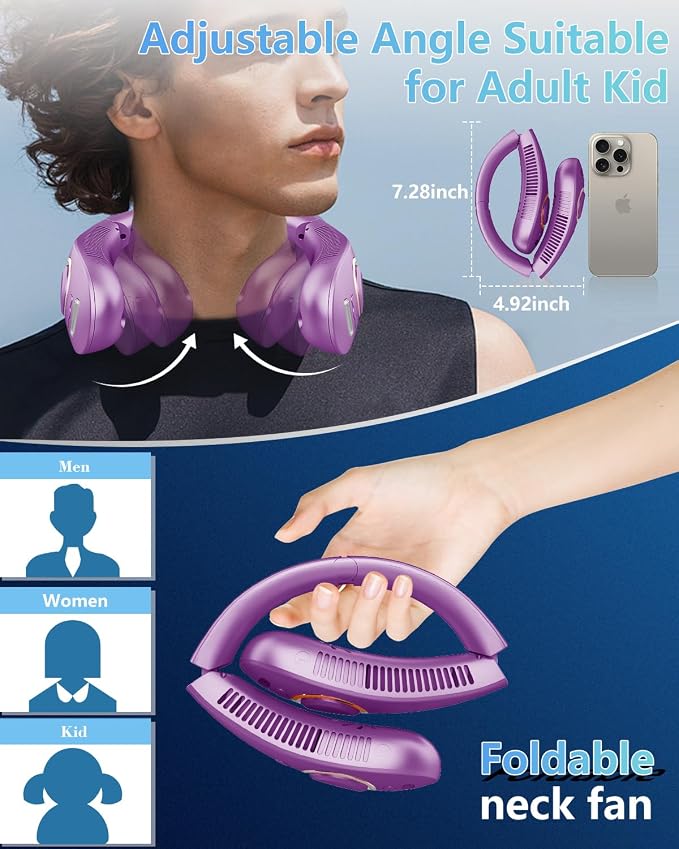 Portable Neck Fan Rechargeable,Bladeless Misting Fan Around Neck Fans that Blow Cold Air,Wearable Cooling Fan Mister Over the Neck,Headband Mobile Nevk Cooler Best Gifts for Women Men Adults Purple
